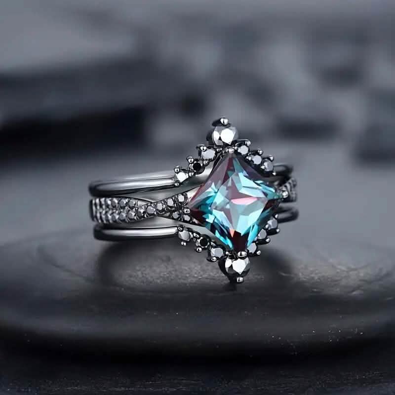 3-Piece Set: Black Square Faux Blue Zirconia Retro Luxury Ring