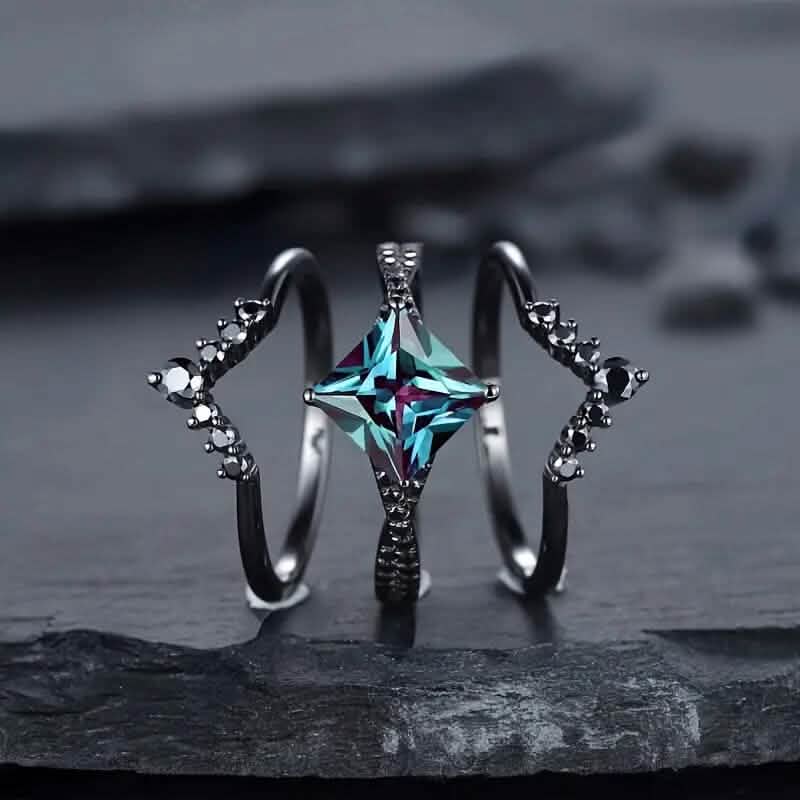 3-Piece Set: Black Square Faux Blue Zirconia Retro Luxury Ring